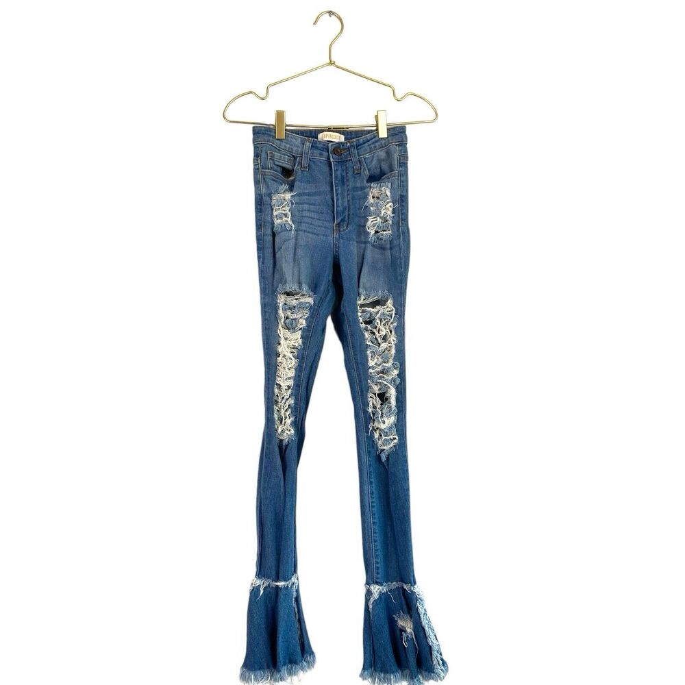 Aphrodite Women's 3 (26) Distressed Flare Fringe Hem Jeans Denim 621